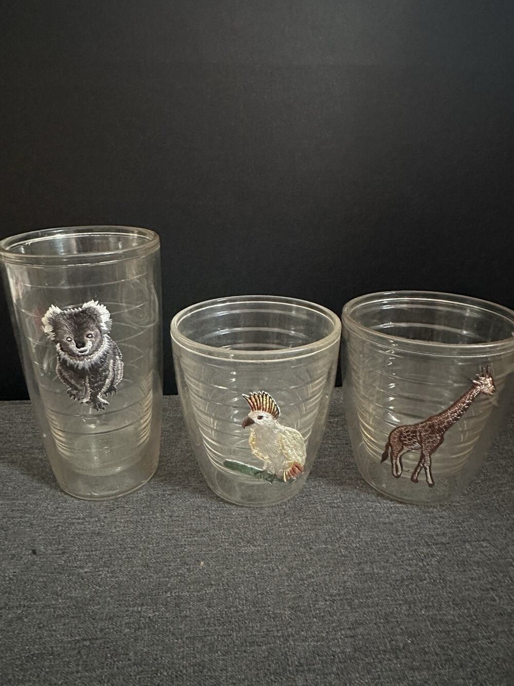 Vintage Tervis Tumbler Lot 3 Embroidered Koala Giraffe Cockatoo Animal USA